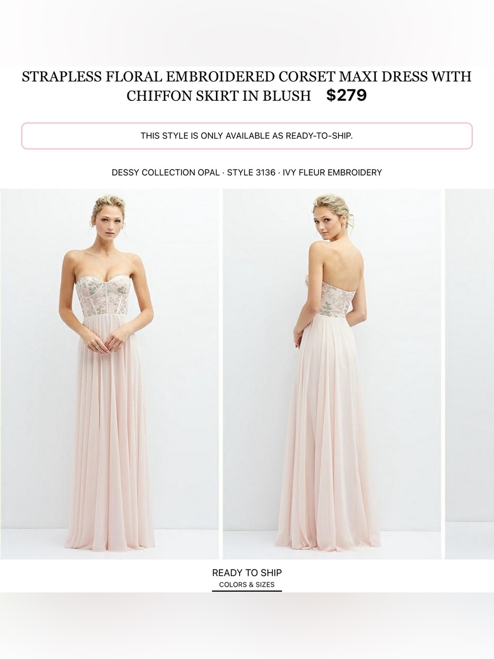 ALFRED SUNG Blush Strapless Embroidered Corset Maxi Dress